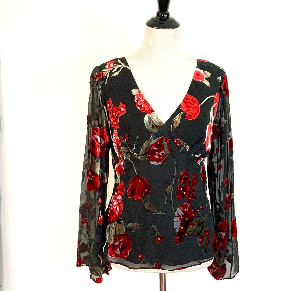 Papell Boutique Y2K  Silk Blend Burnout Velvet Babydoll Blouse Top Sz L